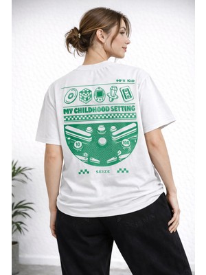 Camblys Unisex 90 Kıds Ön Arma Sırt Figür Baskılı Oversize Kalın Kumaş Bol Kesim Pamuklu T-Shirt