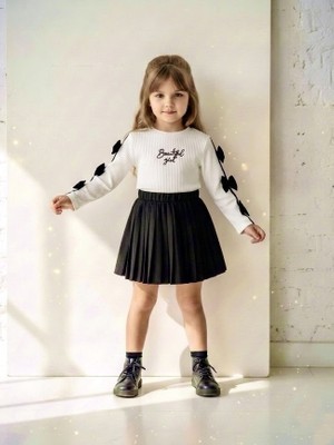 Stilera Kız Çocuk Kolları Fiyonklu Siyah Şort Etekli Pileli Alt Üst Takım 2-4 Yaş