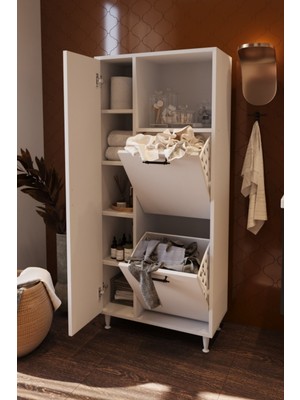 Belmo Mars Iki Sepetli Renkli Beyaz Çamaşır Sepetli Çok Amaçlı Banyo Dolabı