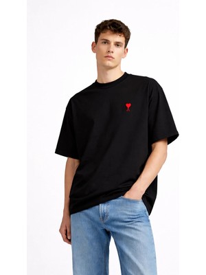 Camblys Unisex Ami Paris Klasik Küçük Kalp Ön Baskılı Oversize Kalın Kumaş Bol Kesim Pamuklu T-Shirt