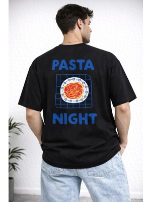 Camblys Unisex Pasta Night Makarna Gecesi Sırt Baskılı Oversize Kalın Kumaş Bol Kesim Pamuklu T-Shirt