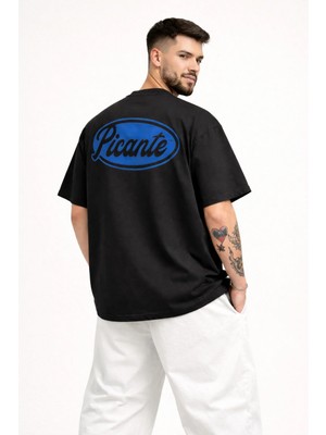 Camblys Unisex Picante Mavi Logo Ön ve Sırt Baskılı Oversize Kalın Kumaş Bol Kesim Pamuklu T-Shirt