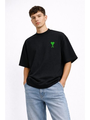 Camblys Unisex Ami Klasik Küçük Kalp Ön Baskılı Oversize Kalın Kumaş Bol Kesim Pamuklu T-Shirt