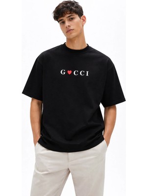 Camblys Unisex Gucii Comme Des Garçons Logo Yazılı Ön Baskılı Oversize Kalın Kumaş Bol Kesim Pamuklu T-Shirt