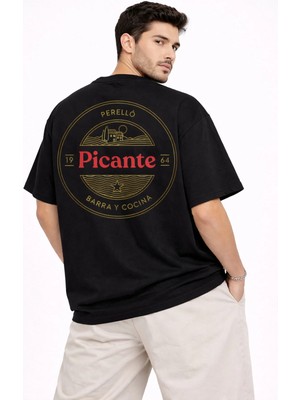 Camblys Unisex Picante Kırmızı Ön Perello Sırt Baskılı Oversize Kalın Kumaş Bol Kesim Pamuklu T-Shirt