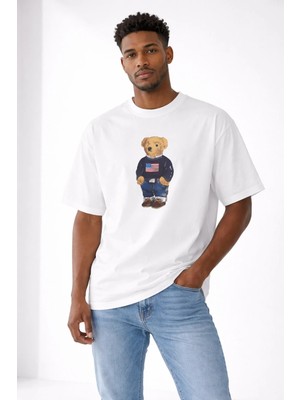 Camblys Unisex Polo Ralph Ayıcık Ön Baskılı Oversize Kalın Kumaş Bol Kesim Pamuklu T-Shirt