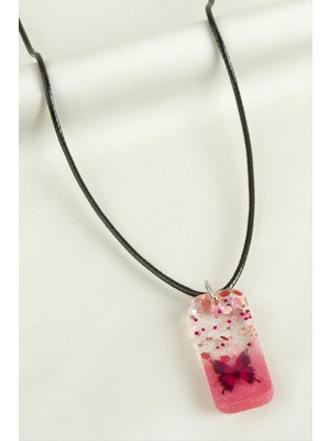 Zero Land Snmswrld Kelebek Dikdörtgen Epoksi Kolye-Pembe