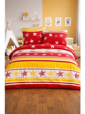 Vionetta Golden Star Sarı Kırmızı  Yıldız Desenli 2 Yastıklı Lastikli Çarşaflı Tek Kişilik Nevresim Takımı