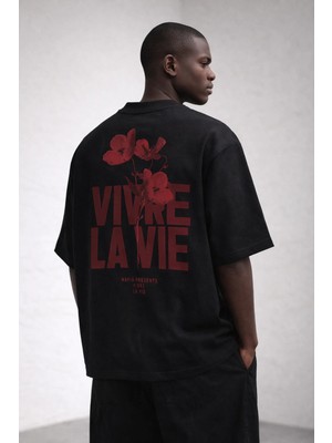Camblys Unisex Vıvre La Vıe Çicek Baskılı Oversize Kalın Kumaş Bol Kesim Pamuklu T-Shirt