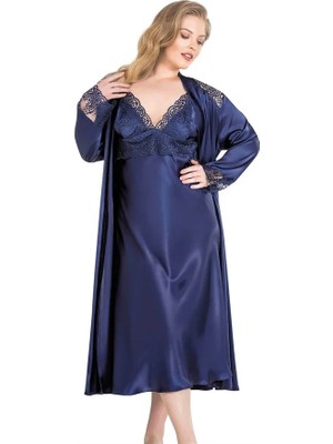 Fantastik Store Arias Closet Büyük Beden Lacivert Uzun Ikili Saten Sabahlık Gecelik Takımı