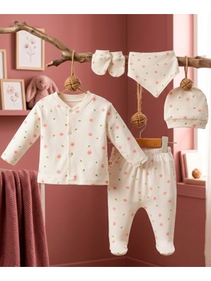 Mahfel 5'li Pembeçiçek %100 Pamuk Premium Hastane Çıkış Seti 009