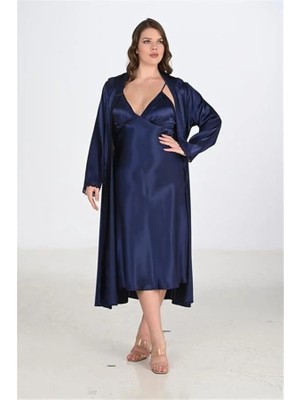 Fantastik Store Arias Closet Premium Büyük Beden Saten Lacivert Uzun 2'li Gecelik Sabahlık Takımı Bigsize