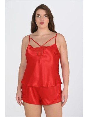 Fantastik Store Arias Closet Büyük Beden Kırmızı Dantel Işlemeli Saten Şortlu Gecelik Takımı
