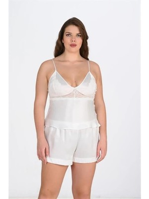 Fantastik Store Arias Closet Büyük Beden Ekru Saten Şort Takımı