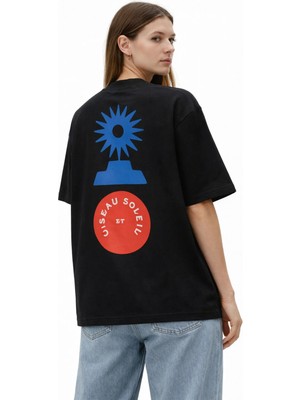 Camblys Unisex Özel Tasarım Oıseau Soleıl Sırt Baskılı Oversize Kalın Kumaş Bol Kesim Pamuklu T-Shirt