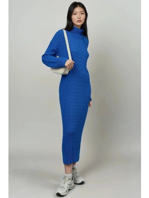 Hiccup Kadın My Fashıon Uzun Kollu Balıkçı Yaka Jakarlı Triko Elbise Kobalt Mavisi