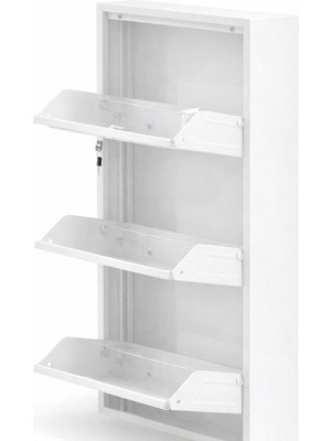 Tomkar 3'lü Beyaz Metal Ayakkabılık Ahşap Ceviz Kaplamalı ( Kilitsiz )