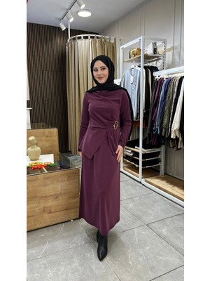 Nuss 1080 Gold Toka Detaylı Drapeli Balıkçı Yaka Etekli Takım Mürdüm