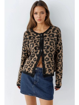 Hiccup Kadın My Fashıon Leopar Desenli Düğmeli Hırka Deve Kahvesi