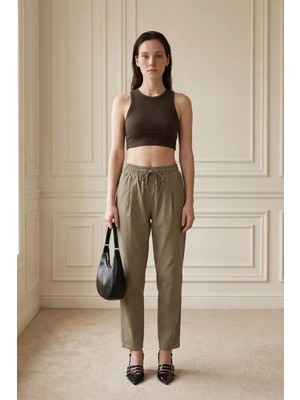 Hiccup Kadın My Fashıon Bilek Boyu, Büzgülü Bel Detaylı, Cepli Pantolon Haki Yeşil