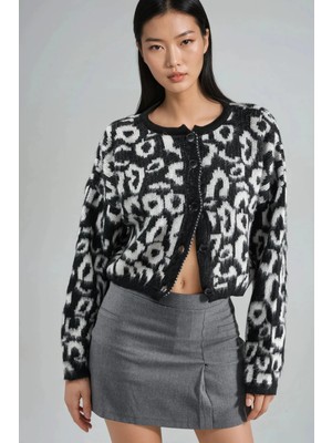 Hiccup Kadın My Fashıon Leopar Desenli Düğmeli Hırka Siyah