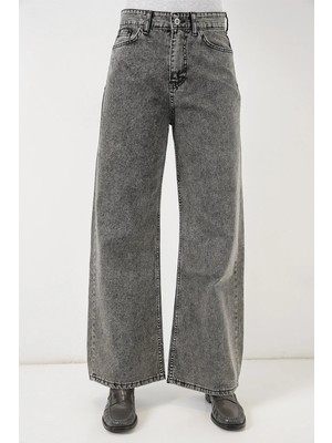 Hiccup Kadın Bdart Yüksek Bel Rahat Oturan Geniş Paça Denim Jean Gri