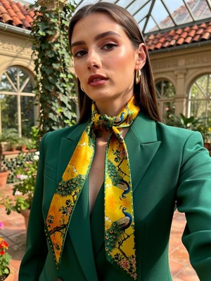 Kadın Yeşil Sarı Renkli Modern Desenli Fular - Blazer, Çanta ve Boyun Için Uygun -Hediye Alternatifi