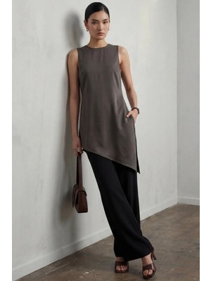 Hiccup Kadın My Fashıon Saten Yuvarlak Yaka Kolsuz Uzun Bluz, Yırtmaçlı Koyu Gri