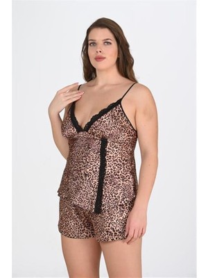 Fantastik Store Arias Closet Büyük Beden Leopar Desenli Dantel Işlemeli Saten Şortlu Gecelik Takımı