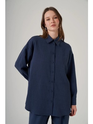 Nuss 1081 Kendinden Çizgili Pantolonlu Takım Dark Indigo