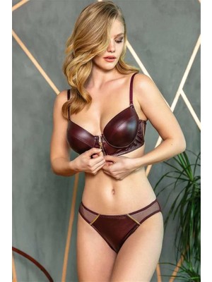 Fantastik Store Arias Closet Deri Görünümlü Balenli Destekli Dolgulu Askıları Çıkabilen Ortası Fermuarlı Büstiyer Sütyen ve Slip Takım