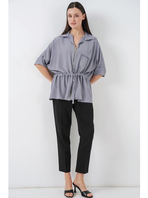 Hiccup Kadın Bdart Dokulu Cepli Fermuarlı Gömlek Gri