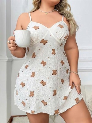 Fantastik Store Arias Closet Büyük Beden Ayıcık Desenli Ince Askılı Mini Gecelik