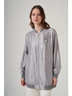 Nuss 6038 Taş Işlemeli Jakar Bamber Kap Gri