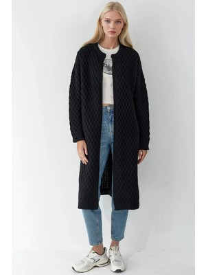 Hiccup Kadın My Fashıon Fermuarlı Oversize Çizgili Örgü Hırka Siyah