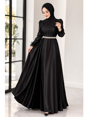 Hiramir Saten Elbise Zarif Piliseli Taş Kemerli Abiye Elbise YZ2616