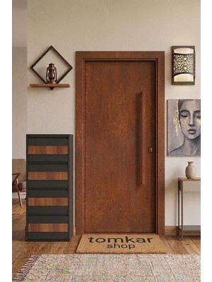 Tomkar 4'lü Antrasit Metal Ayakkabılık Ahşap Ceviz Kaplamalı ( Kilitli )