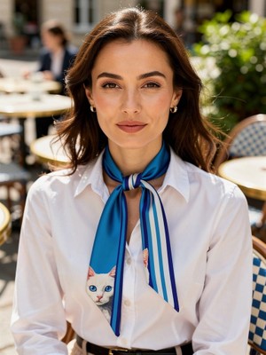 Kadın Mavi Çizgili ve Kedi Desenli Fular - Gömlek, Blazer ve Çanta Için Uygun- Hediye Alternatifi