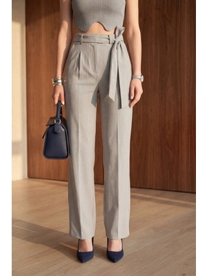 Hiccup Kadın My Fashıon Yüksek Bel Geniş Paçalı Kemerli Pantolon Gri