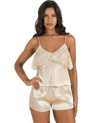 Fantastik Store Arias Closet Fildişi Saten Şort Takımı 9214