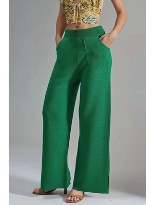 Hiccup Kadın My Fashıon Yüksek Bel Dokulu Örme Pantolon Orman Yeşili