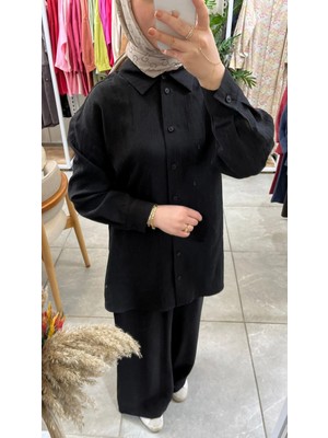 Nuss 1081 Kendinden Çizgili Pantolonlu Takım Siyah