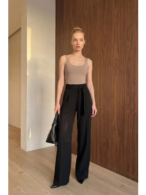 Hiccup Kadın My Fashıon Yüksek Bel Geniş Paçalı Kemerli Pantolon Siyah