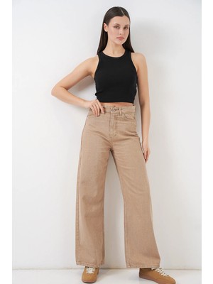 Hiccup Kadın Bdart Yüksek Bel Rahat Oturan Geniş Paça Denim Jean Bej Doğal