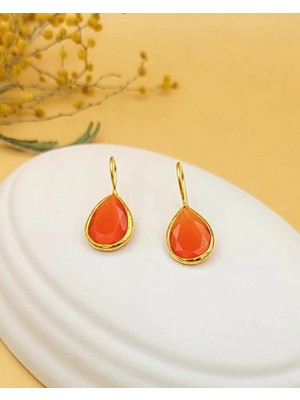 Nevoka Turuncu Kedi Gözü Sıvama Altın Kaplama Damla Küpe