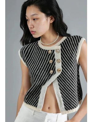 Hiccup Kadın My Fashıon Düğmeli Dokulu Triko Kısa Yelek Natural