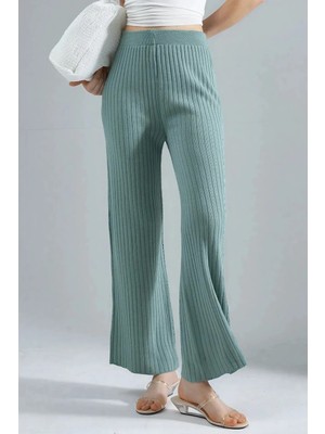 Hiccup Kadın My Fashıon Dokulu Ribanalı Geniş Paça Örgü Pantolon Adaçayı Yeşili