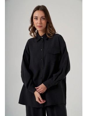 Nuss 1063 Tek Cep Kapak Detaylı Tencel Kumaş Gömlek Yaka Pantolonlu Takım Siyah