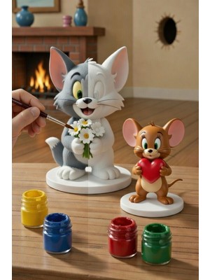 Printella Tom ve Jerry Boyama Seti – 2 Figür, 6 Renk Boya, 2 Fırça – Kendin Boya Hobi ve Dekoratif Figür Seti