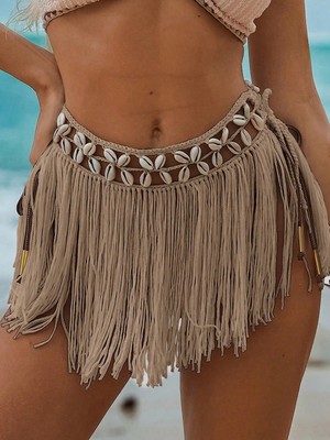 Bej Bikini Üstü Deniz Kabuklu Püsküllü Pareo,beachwear,bikini Üstü El Emeği Plaj Eteği,bohem Etek